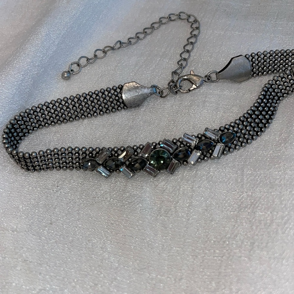 Vintage silver-tone multi cut clear cut crystals mesh chain choker lobster exten